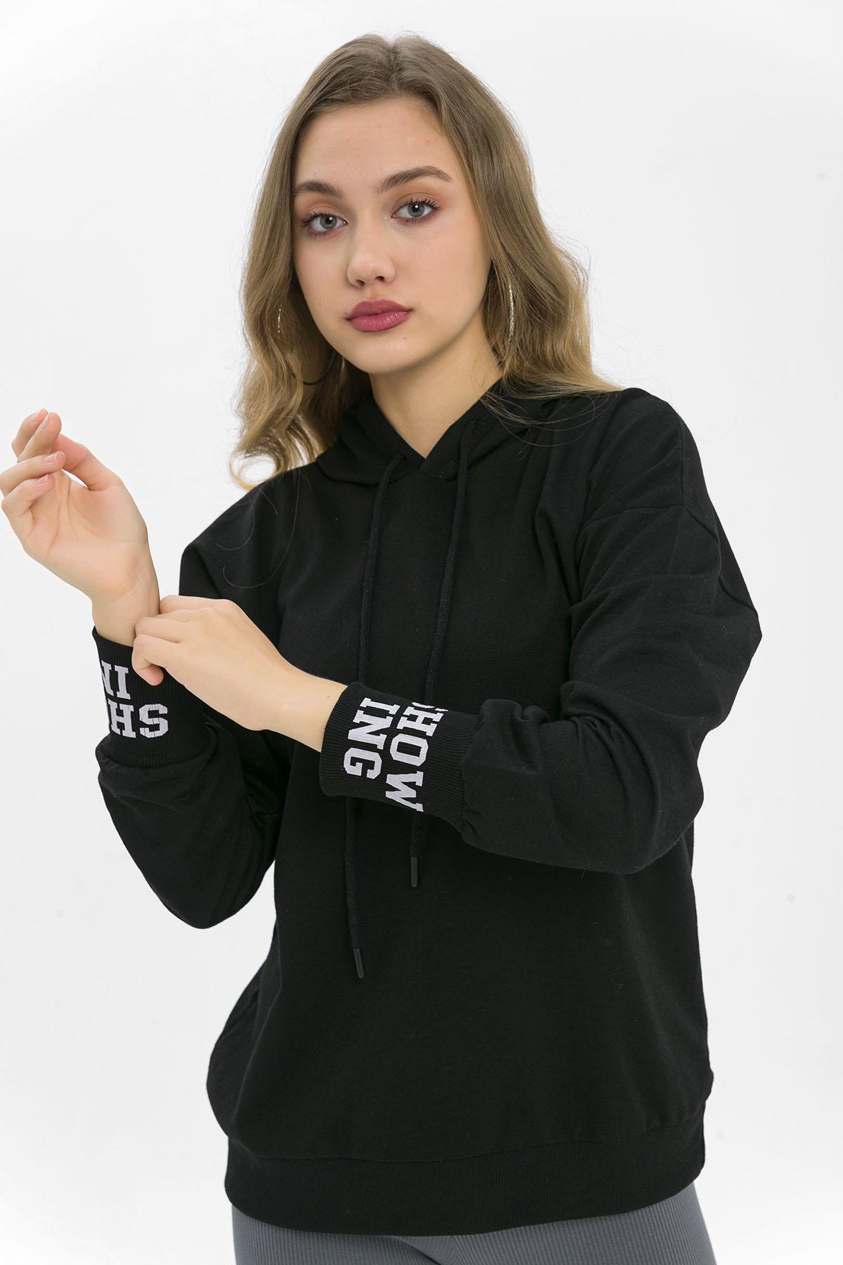 Kadın Arkası Kolu Baskı Detaylı Kapüşonlu Oversize Sweatshirt