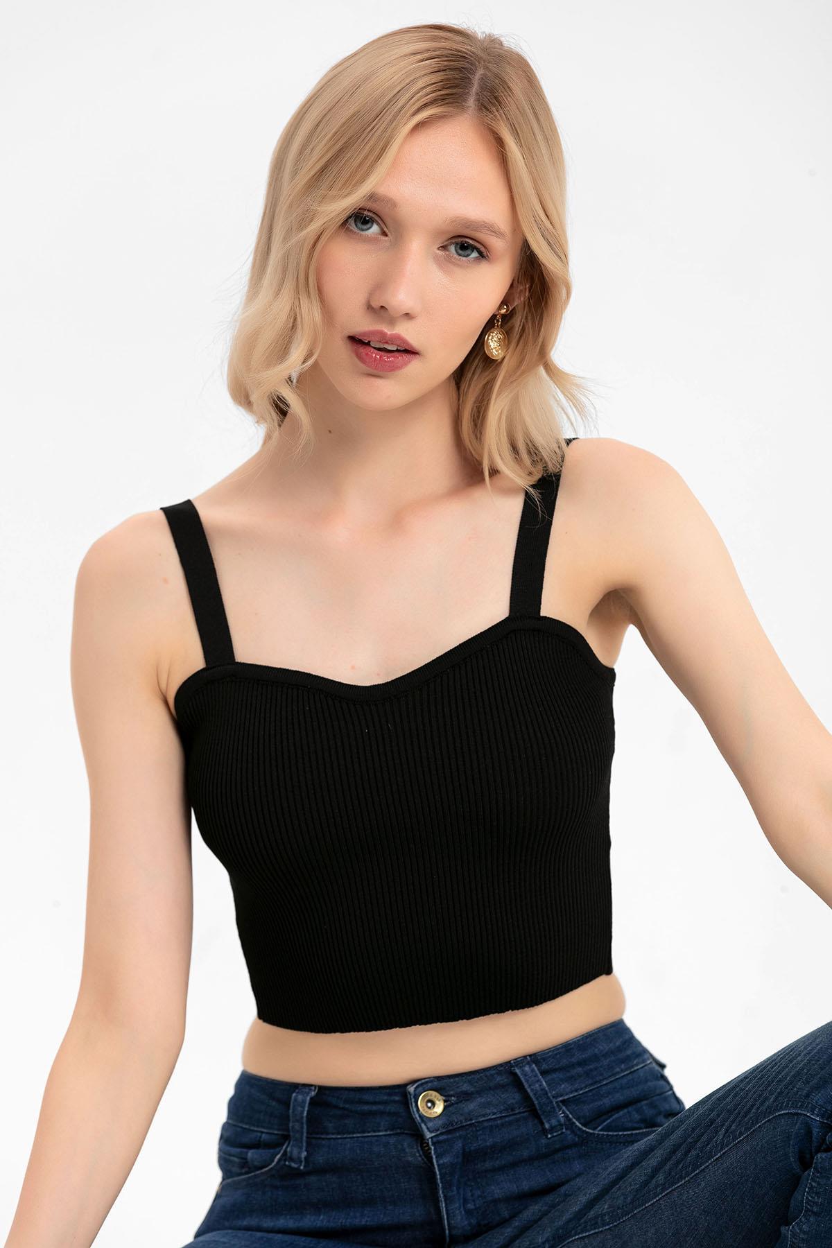 Kadın Askılı Fitilli İnce Örme Triko Bluz
