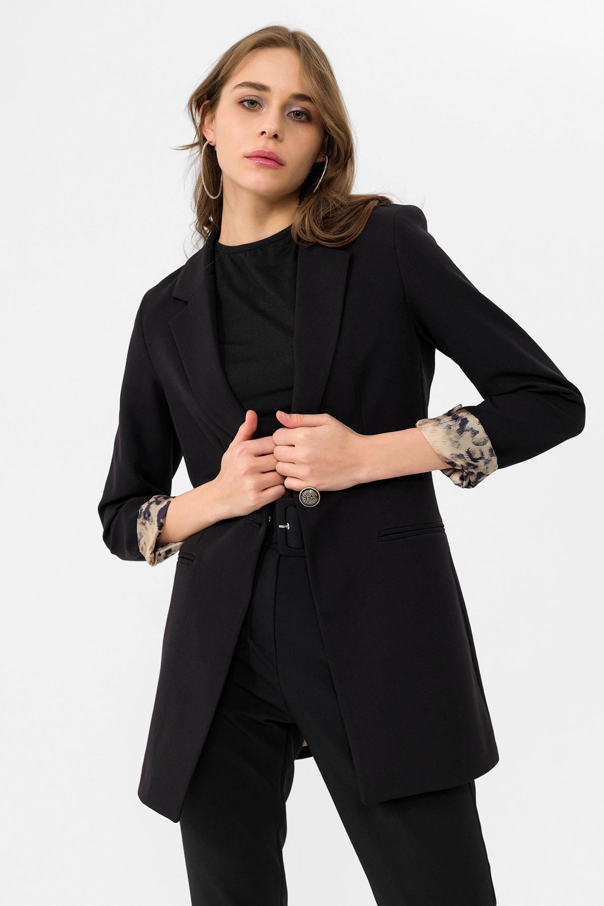 Kadın Astarı Leopar Desenli Tek Düğme Kapamalı Blazer Ceket 235306 -