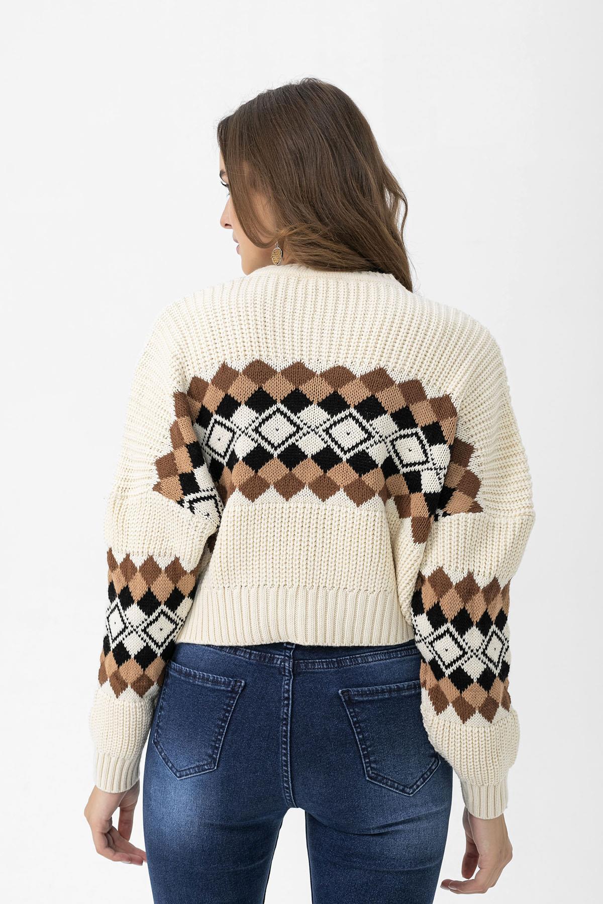 Kadın Baklava Desen Oversize Crop Triko Kazak
