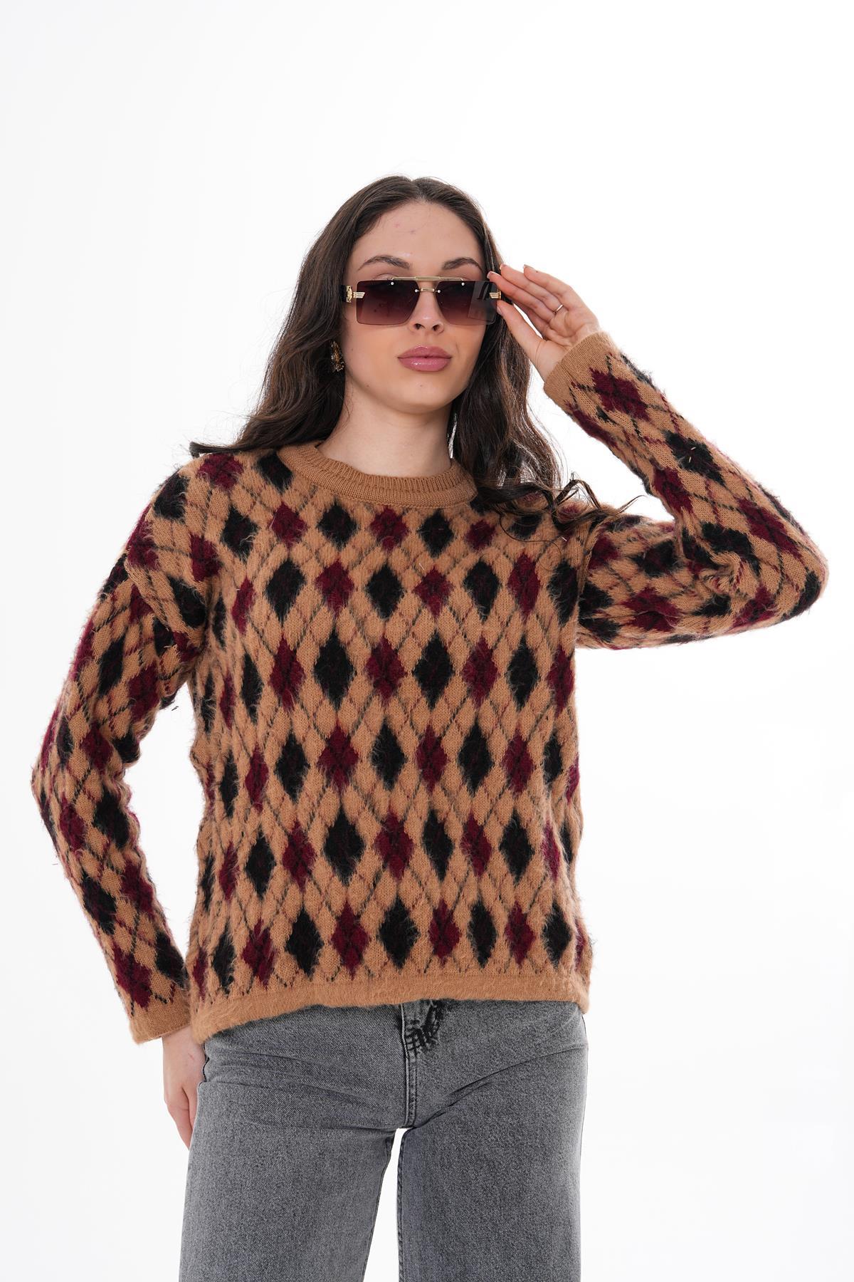 Kadın Baklava Desenli Şardonlu Triko Örme Kazak 255302 -
