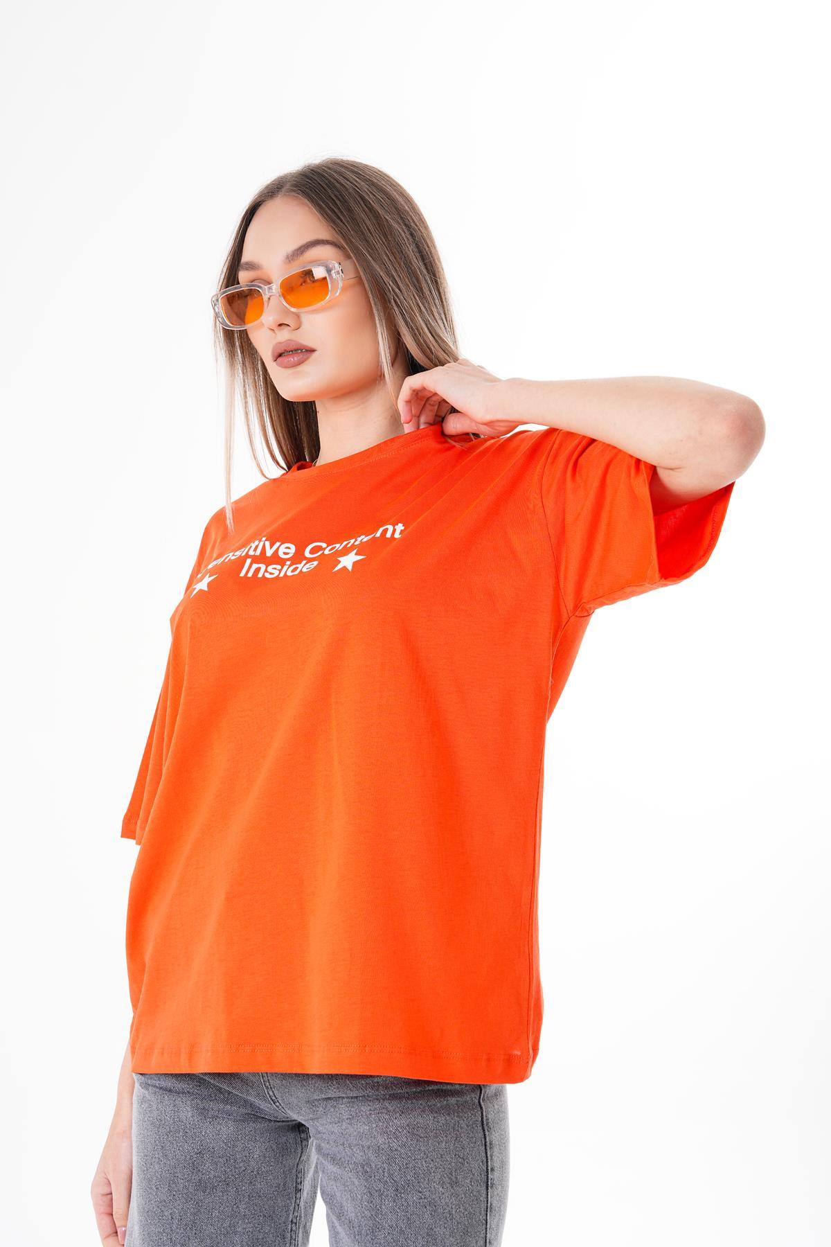 Kadın Baskı Detaylı Bisiklet Yaka Oversize Tişört 250100 -