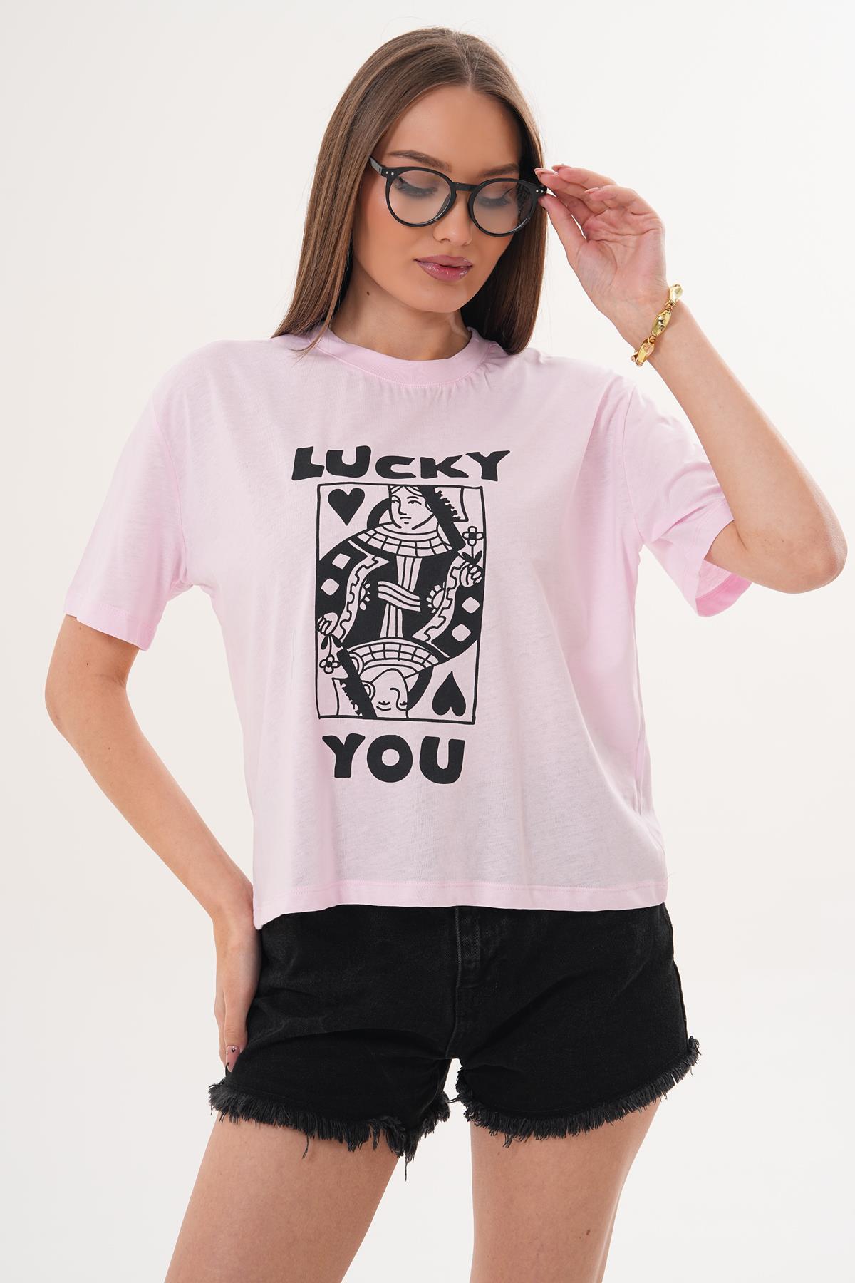 Kadın Baskı Detaylı Bisiklet Yaka Oversize Tişört - 260142
