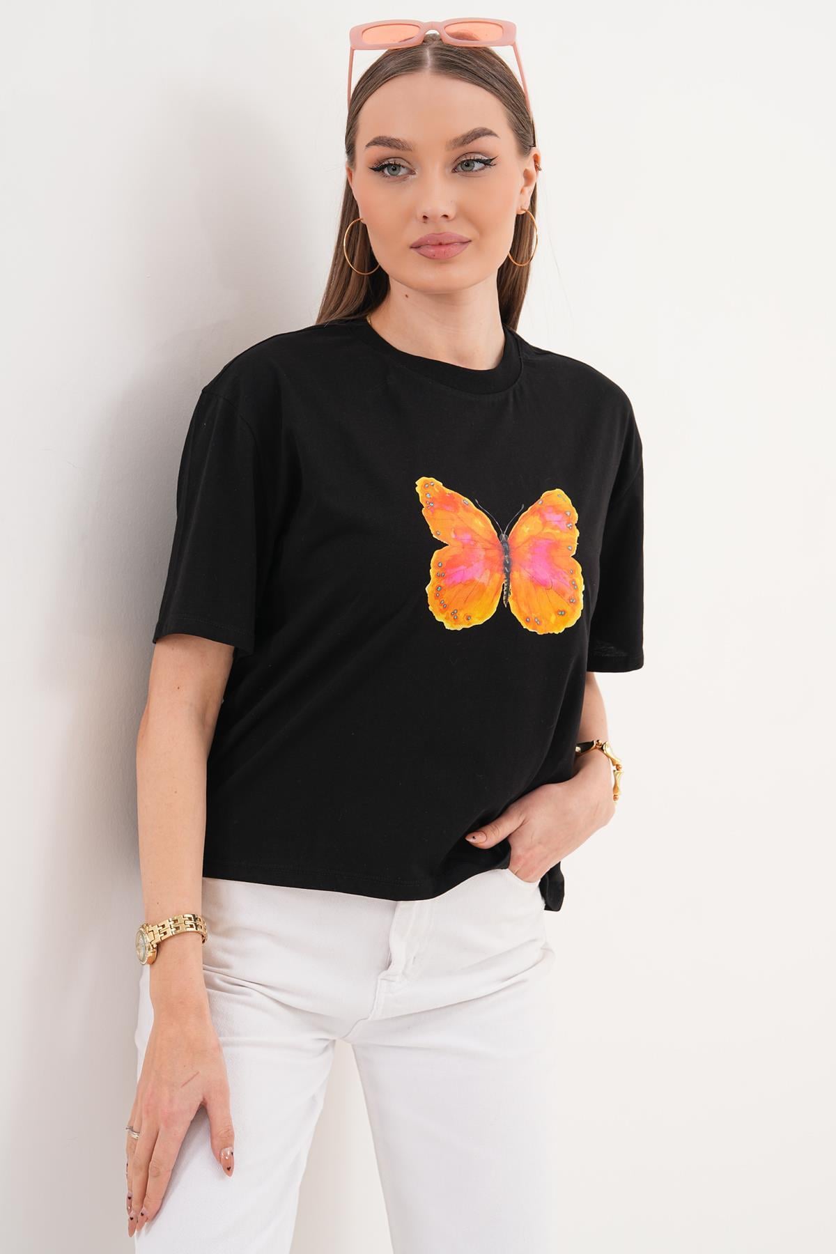 Kadın Baskı Detaylı Bisiklet Yaka Oversize Tişört 260143 -