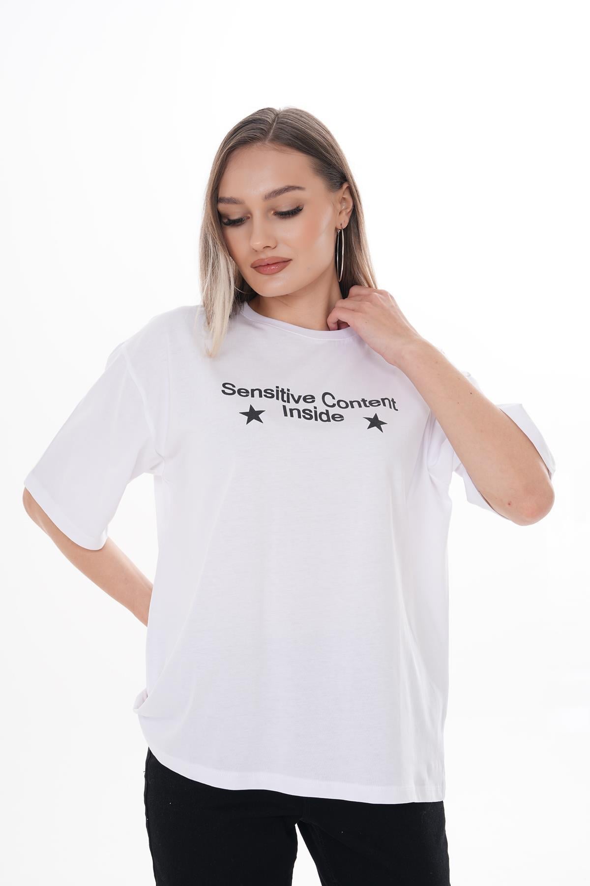 Kadın Baskı Detaylı Bisiklet Yaka Oversize Tişört 250100 -