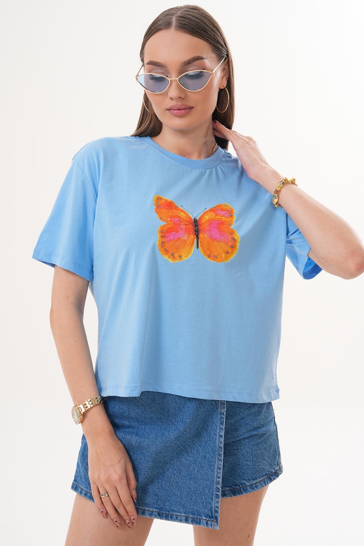 Kadın Baskı Detaylı Bisiklet Yaka Oversize Tişört 260143 -