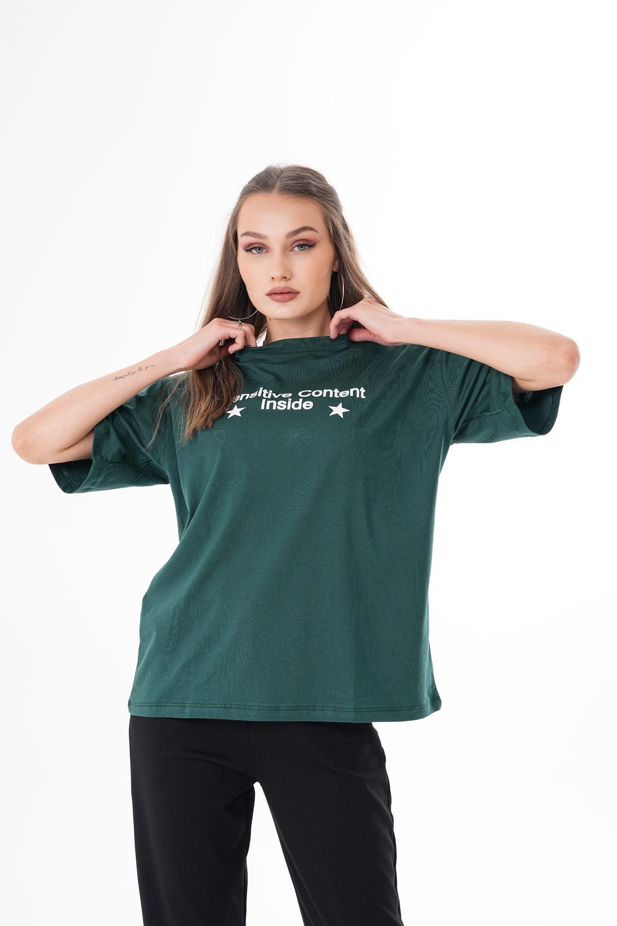 Kadın Baskı Detaylı Bisiklet Yaka Oversize Tişört 250100 -
