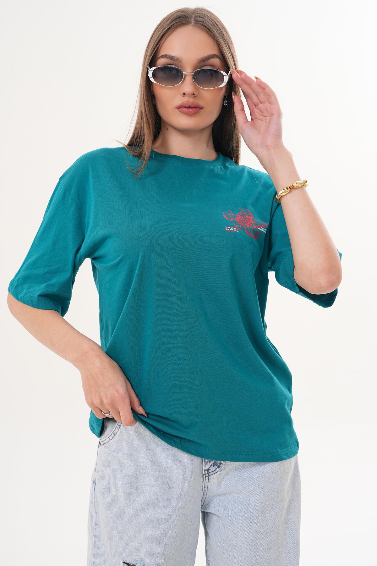 Kadın Baskı Detaylı Bisiklet Yaka Oversize Tişört 260074 -