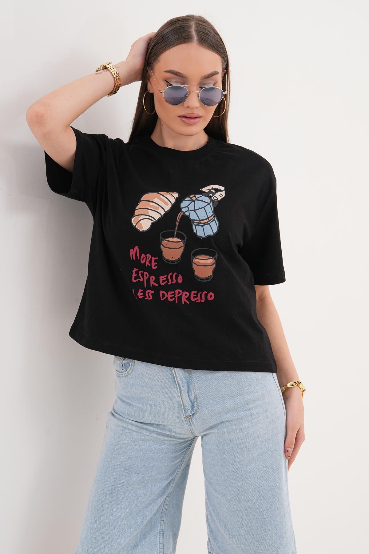 Kadın Baskı Detaylı Bisiklet Yaka Oversize Tişört 260144 -