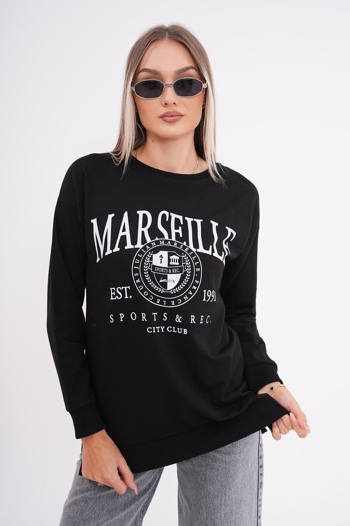 Kadın Baskı Detaylı İki İplik Yırtmaç Detaylı Sweatshirt 245223 -
