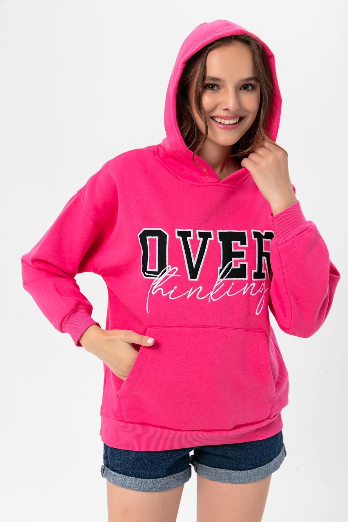 Kadın Baskı Detaylı Kanguru Cepli Kapüşonlu Üç İplik Sweatshirt 235004 -