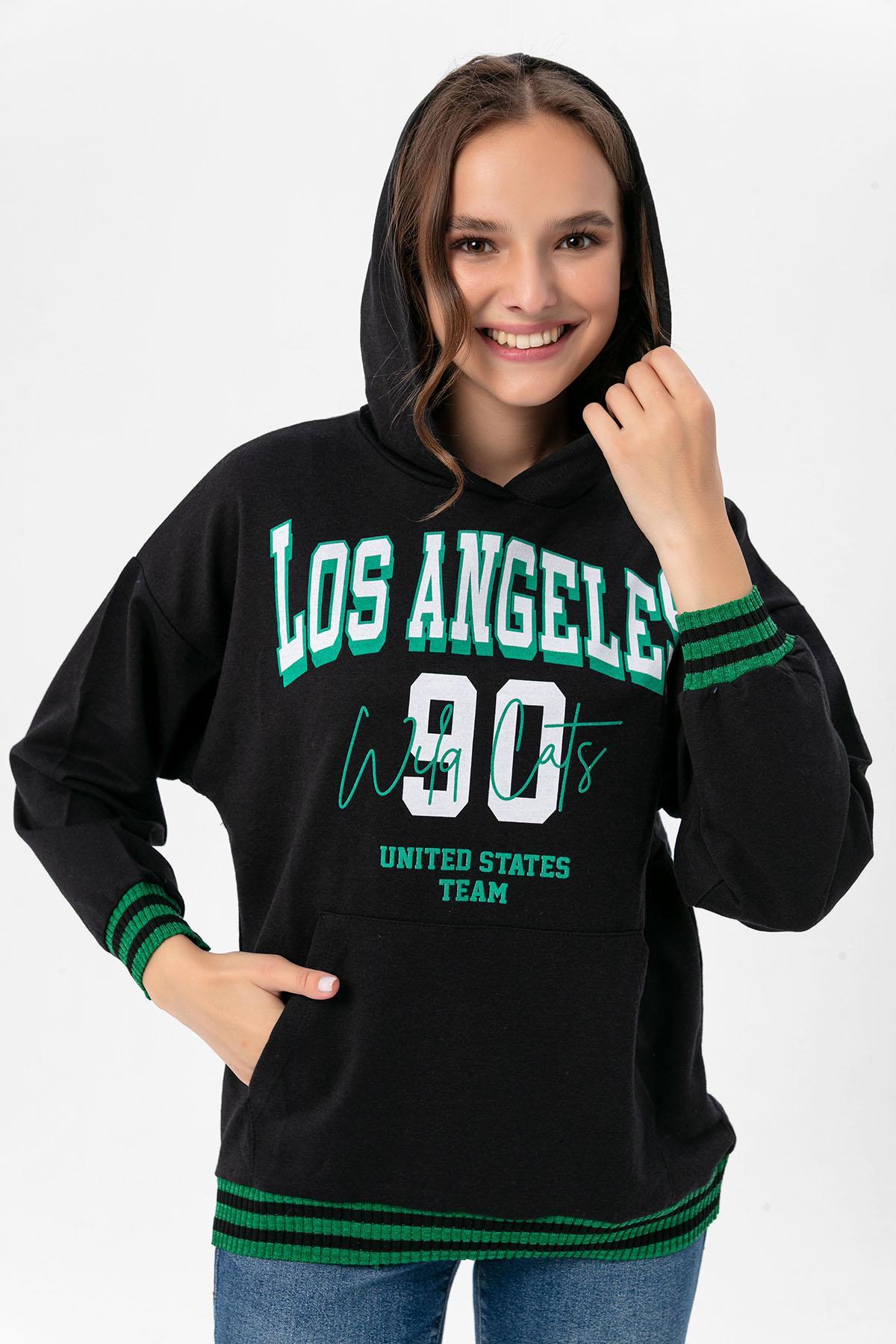 Kadın Baskı Detaylı Kanguru Cepli Kapüşonlu Sweatshirt