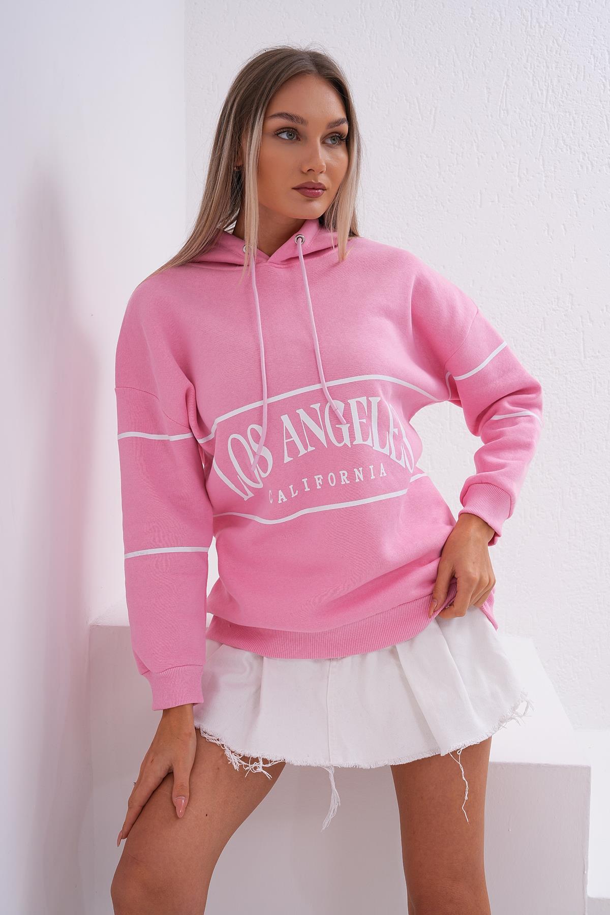 Kadın Baskı Detaylı Kapüşonlu Üç İplik Sweatshirt 255030 -