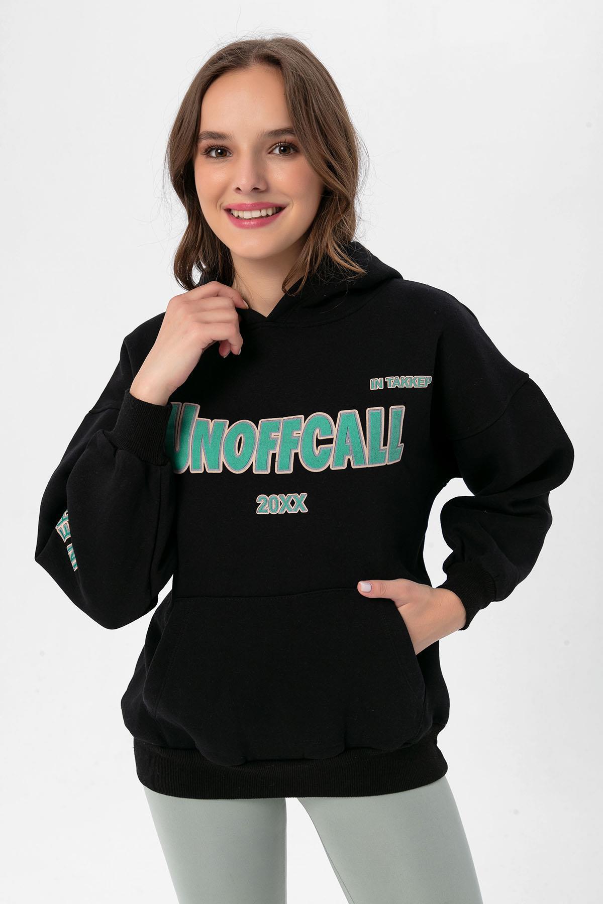 Kadın Baskı Detaylı Kapüşonlu Üç İplik Oversize Sweatshirt 235007 -
