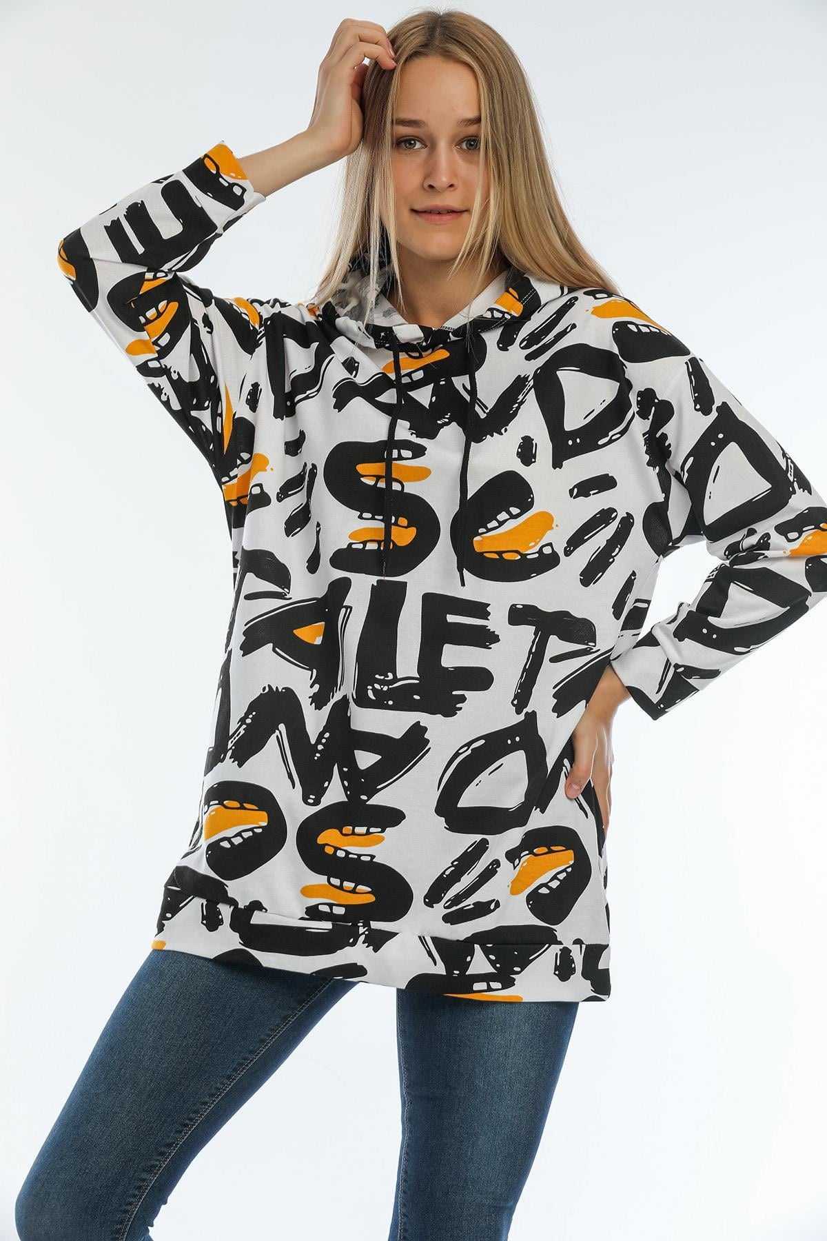 Kadın Baskı Detaylı Kapüşonlu Uzun Sweatshirt