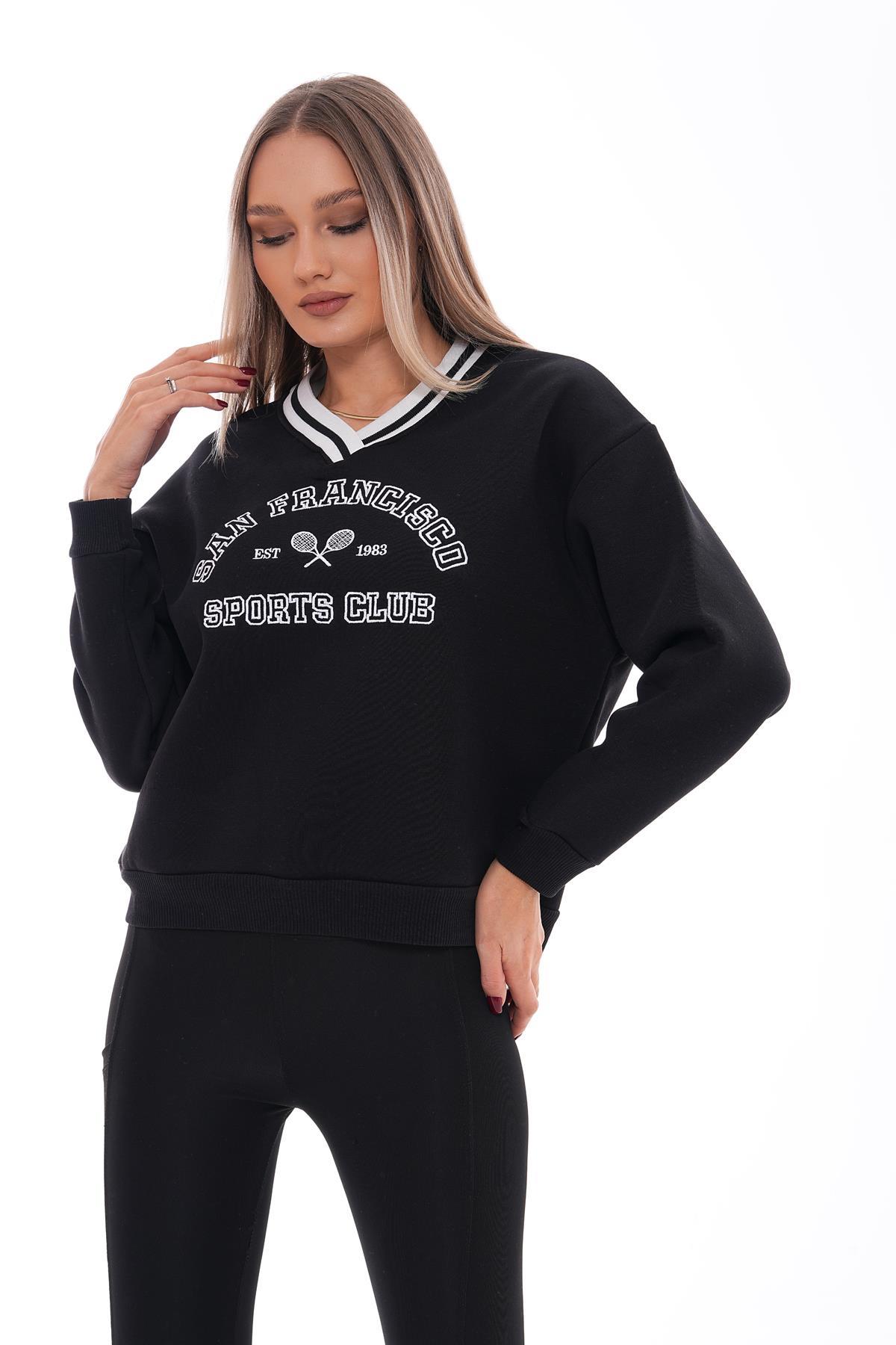 Kadın Baskı Detaylı V Yaka Üç İplik Sweatshirt 245303 -