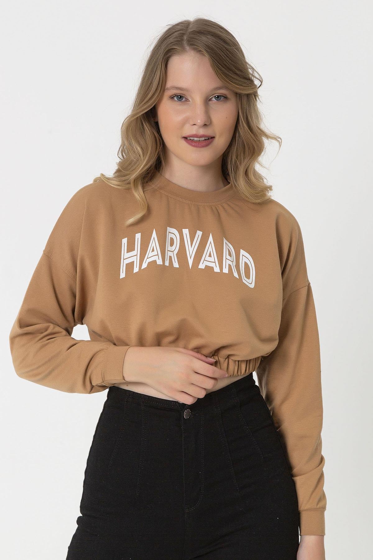 Kadın Baskılı Altı Lastikli Kısa Sweatshirt