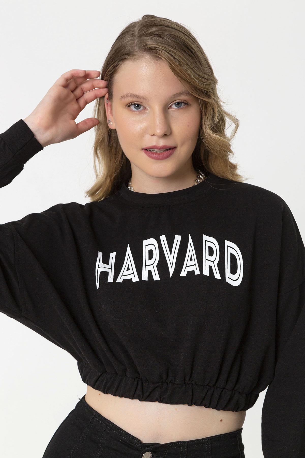 Kadın Baskılı Altı Lastikli Kısa Sweatshirt