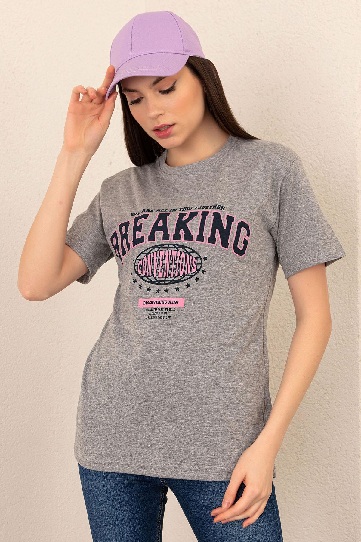 Kadın Baskılı Bisiklet Yaka Tshirt