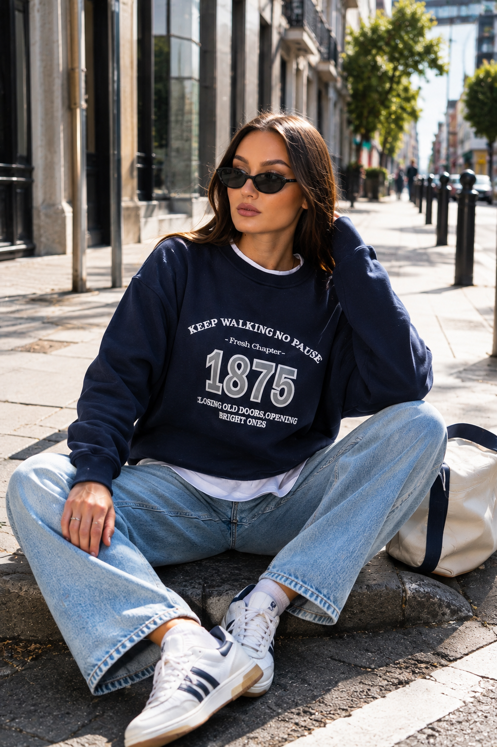 Kadın Baskılı Çift Görünümlü Bisiklet Yaka Sweatshirt 265127 -