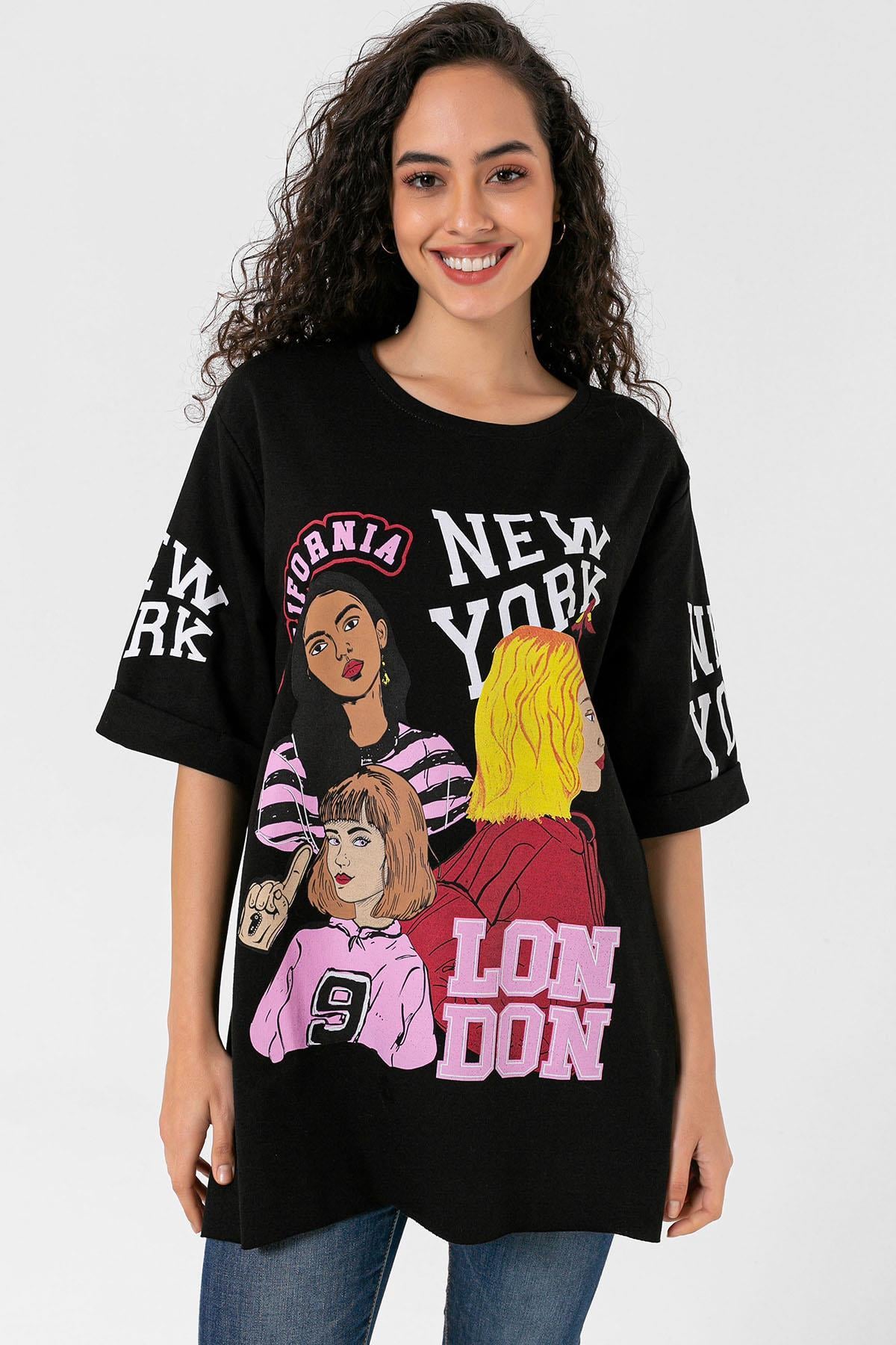 Kadın Baskılı Duble Kol Yırtmaçlı Bisiklet Yaka Kısa Kol Oversize Sweatshirt