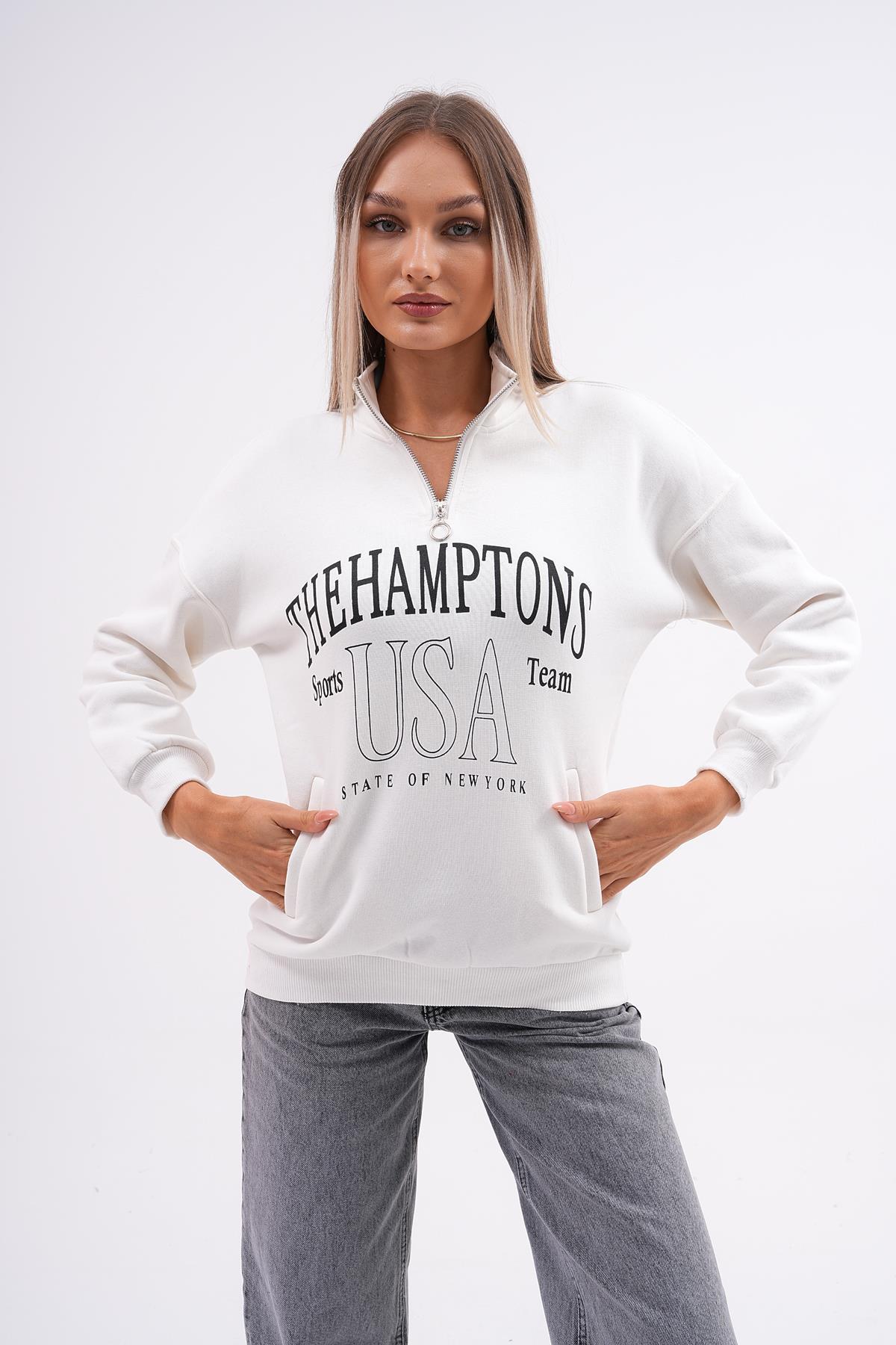 Kadın Baskılı Yaka Yarım Fermuarlı Cep Detaylı Üç İplik Sweatshirt 245274 -