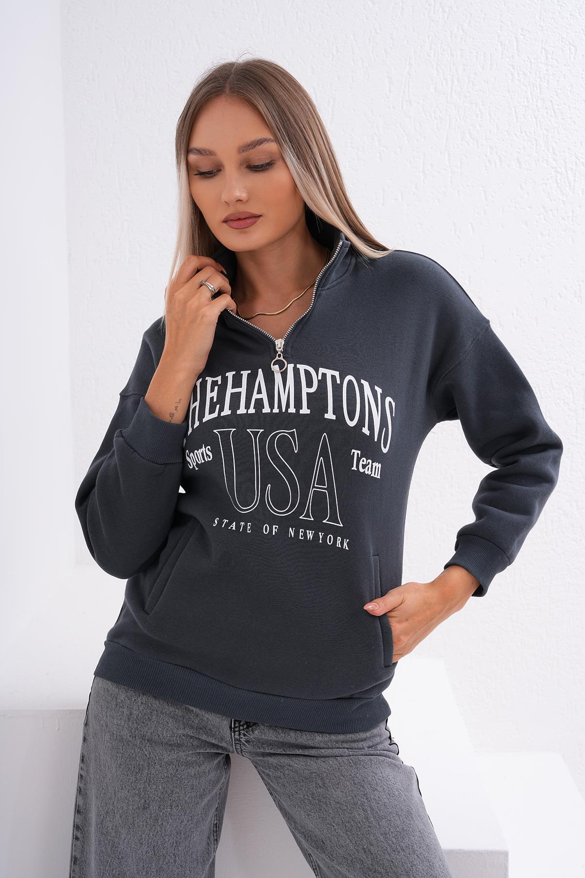 Kadın Baskılı Yaka Yarım Fermuarlı Cep Detaylı Üç İplik Sweatshirt 245274 -