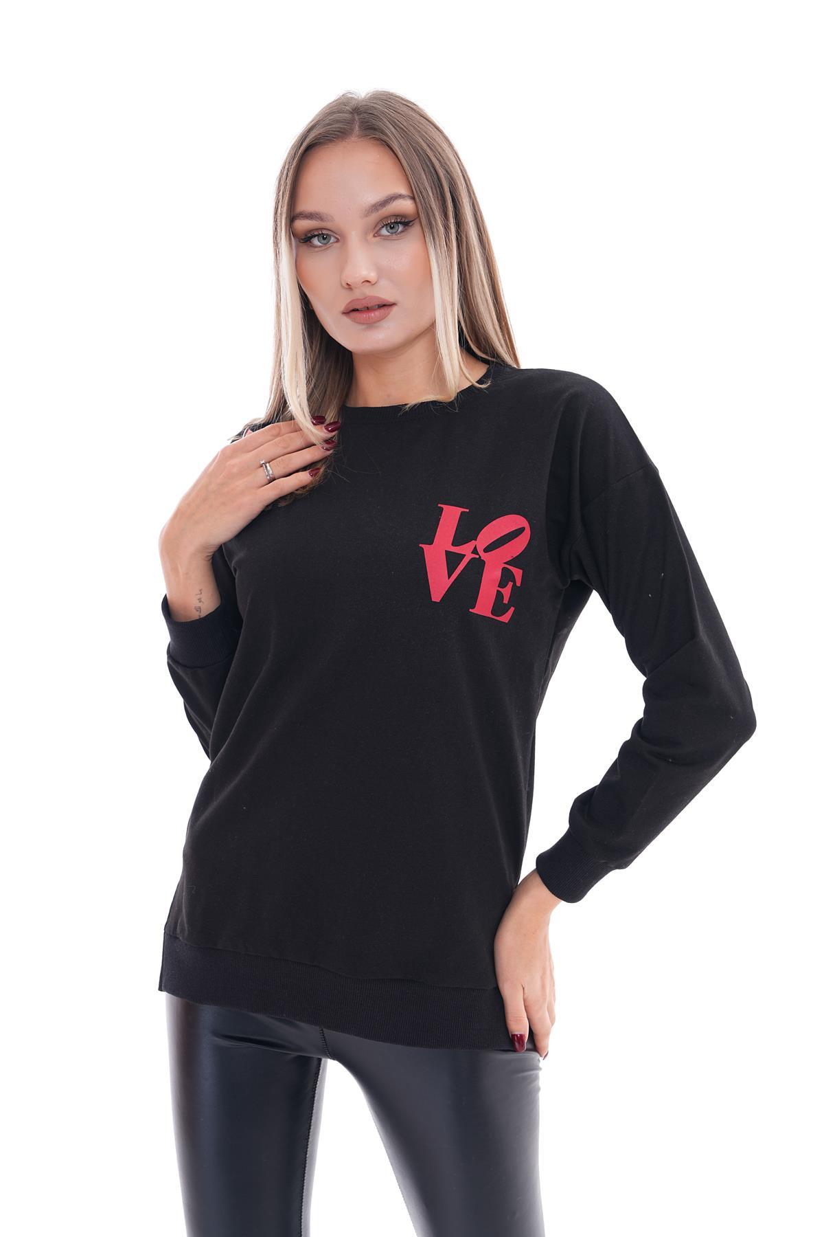Kadın Baskılı Yan Yırtmaç Detaylı Bisiklet Yaka İki İplik Sweatshirt 245250 -