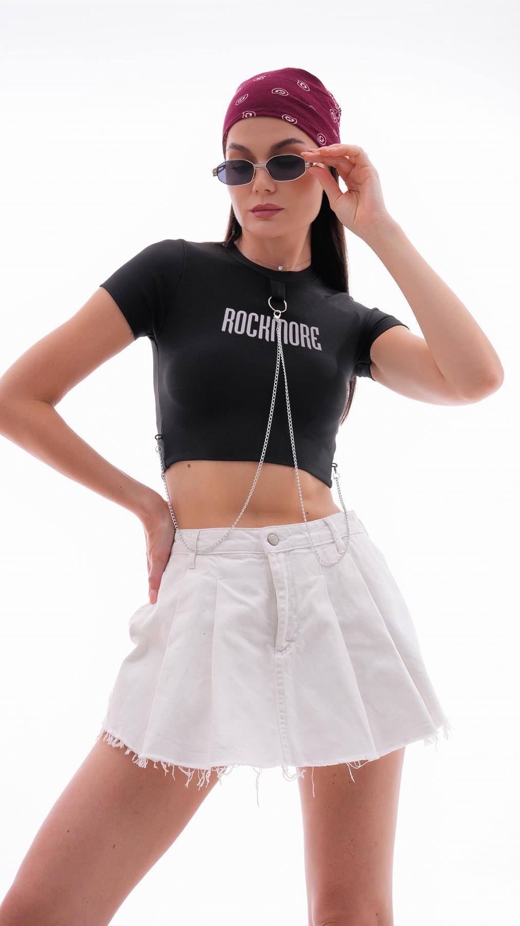 Kadın Baskılı Zincir Detaylı Kaşkorse Crop Tişört
