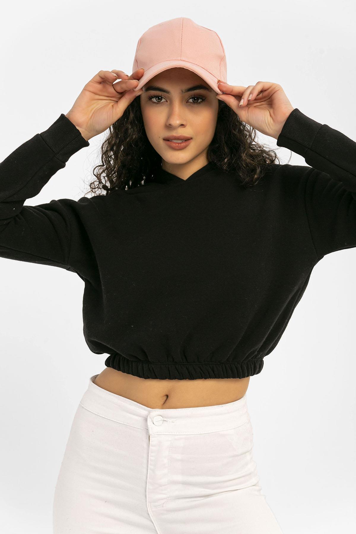 Kadın Beli Lastik Detaylı Kapüşonlu Kısa Sweatshirt