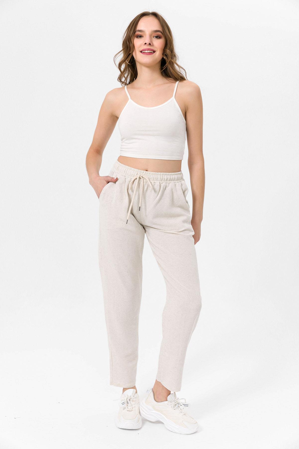 Kadın Beli Lastikli Keten Pantolon 240098 -