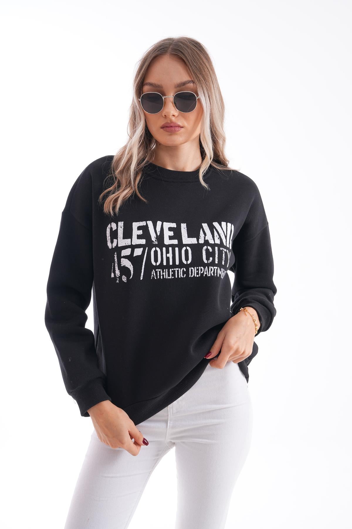 Kadın Bisiklet Yaka Baskı Detaylı Üç İplik Sweatshirt 255036 -