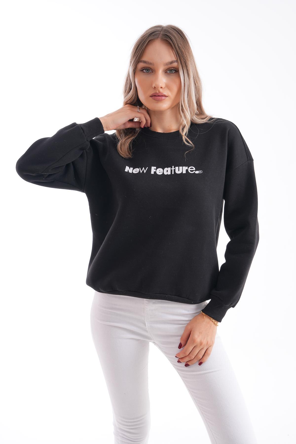 Kadın Bisiklet Yaka Baskı Detaylı Üç İplik Sweatshirt 255039 -