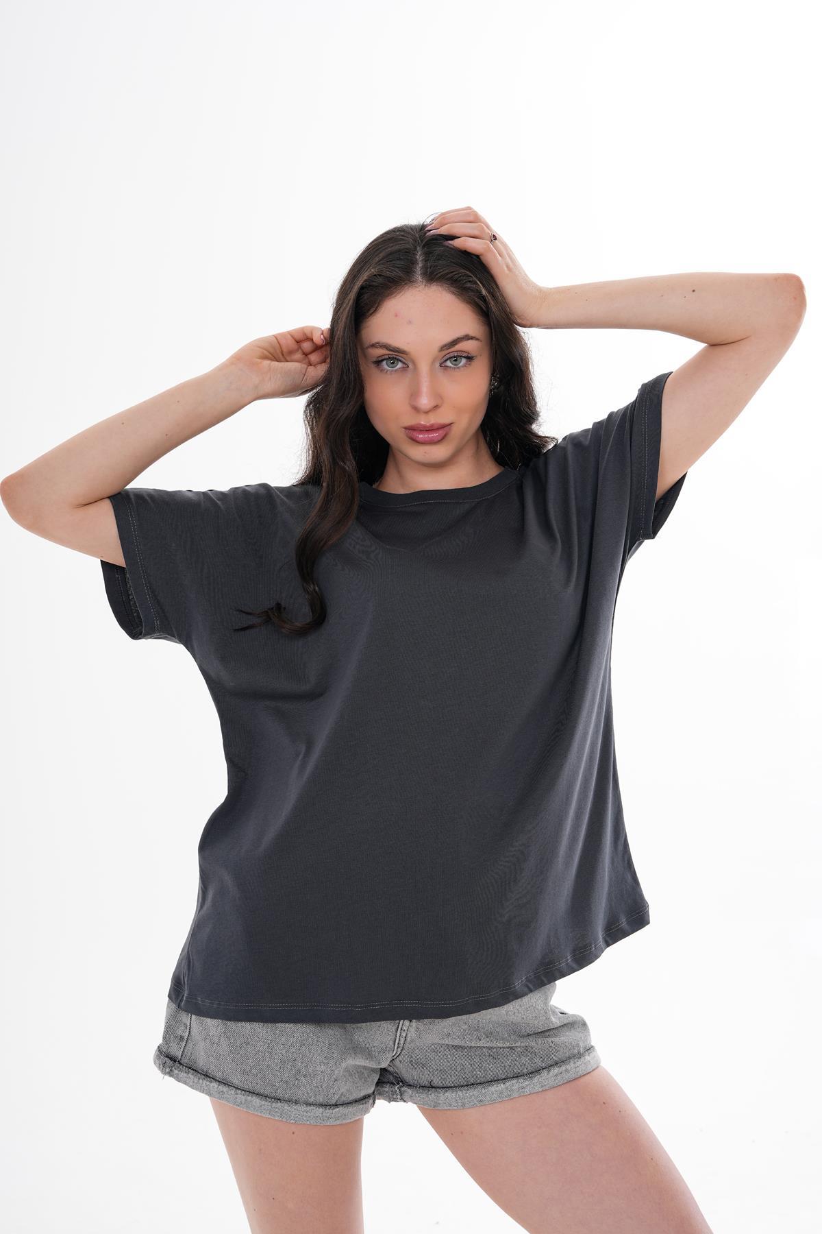 Kadın Bisiklet Yaka Oversize T-Shirt 260021 -