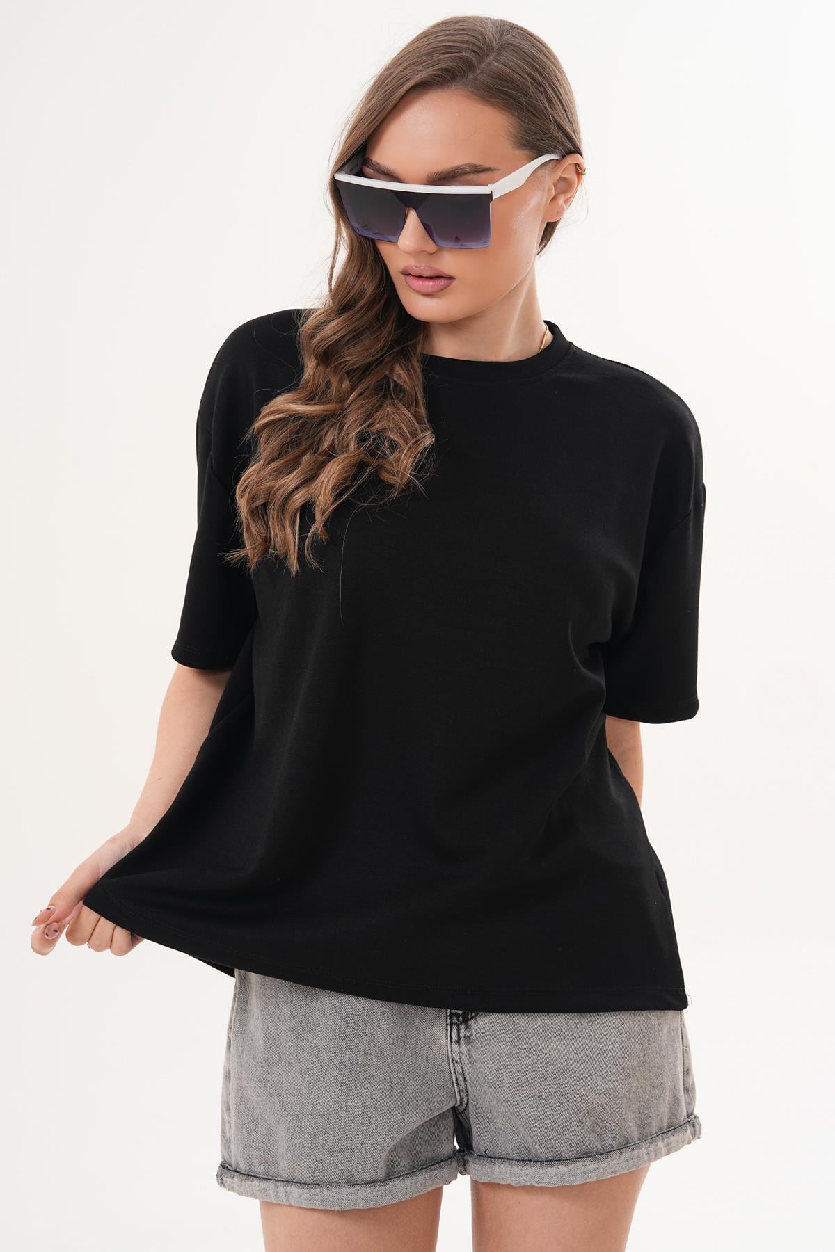 Kadın Bisiklet Yaka Oversize Tişört 260324 -