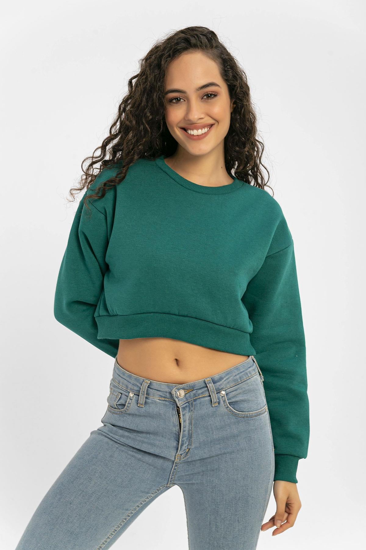 Kadın Bisiklet Yaka Üç İplik Kısa Sweatshirt