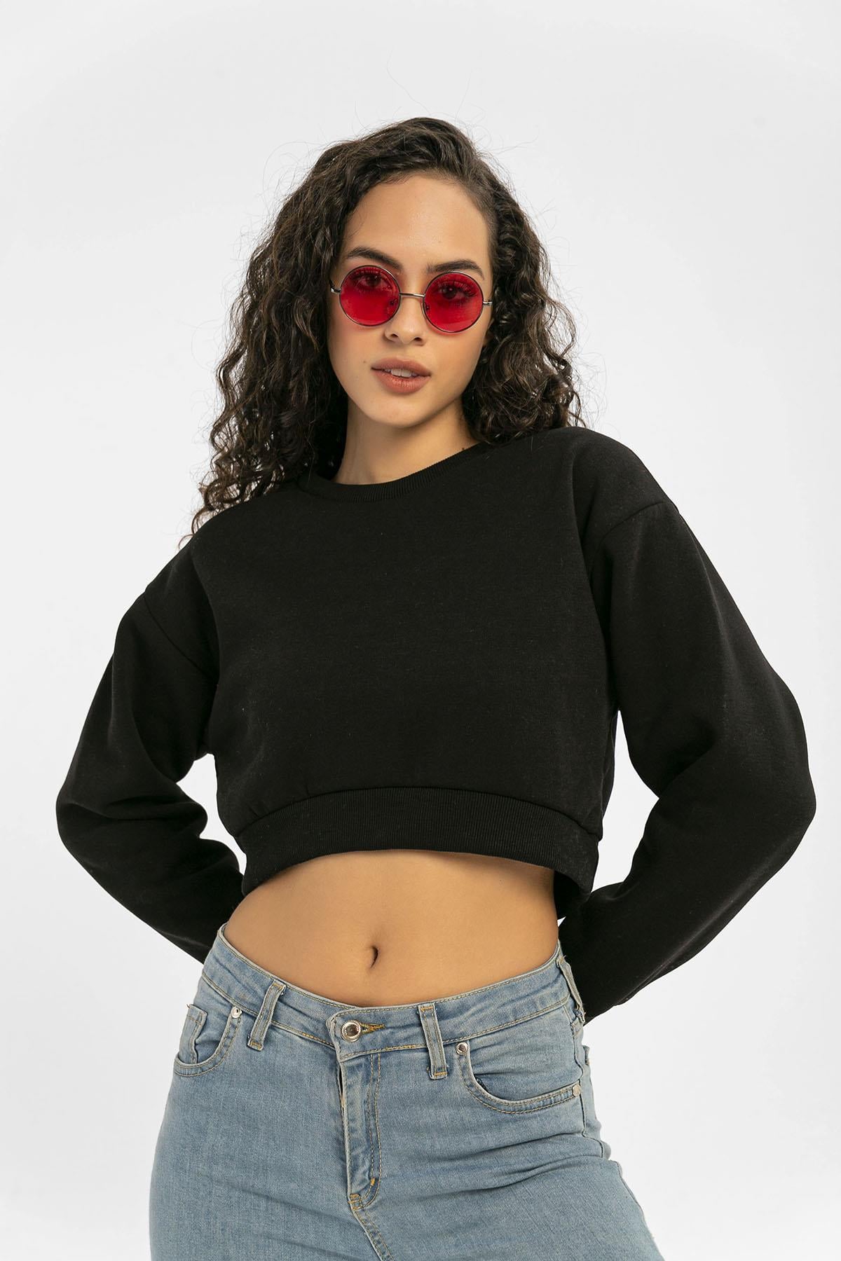 Kadın Bisiklet Yaka Üç İplik Kısa Sweatshirt