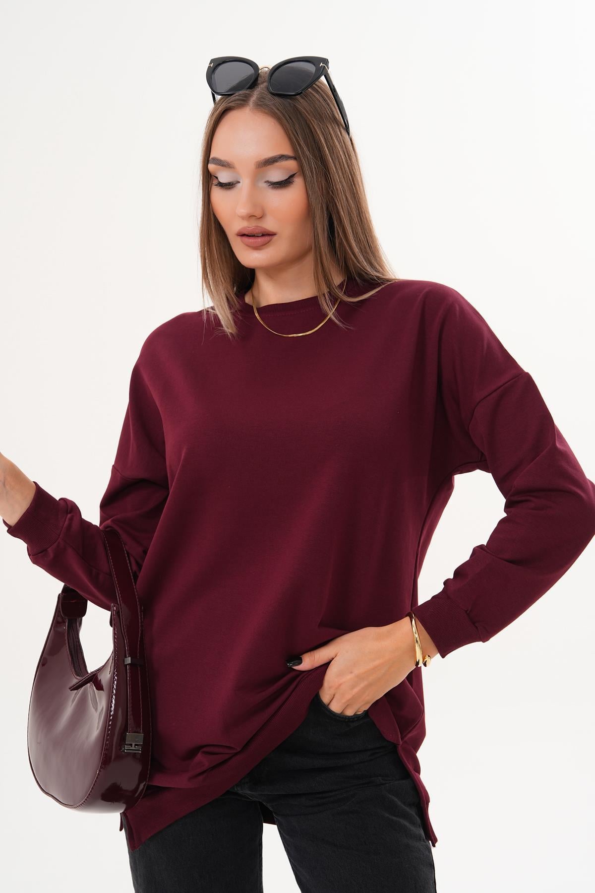 Kadın Bisiklet Yaka Yırtmaç Detaylı Sweat Tunik 255069 -