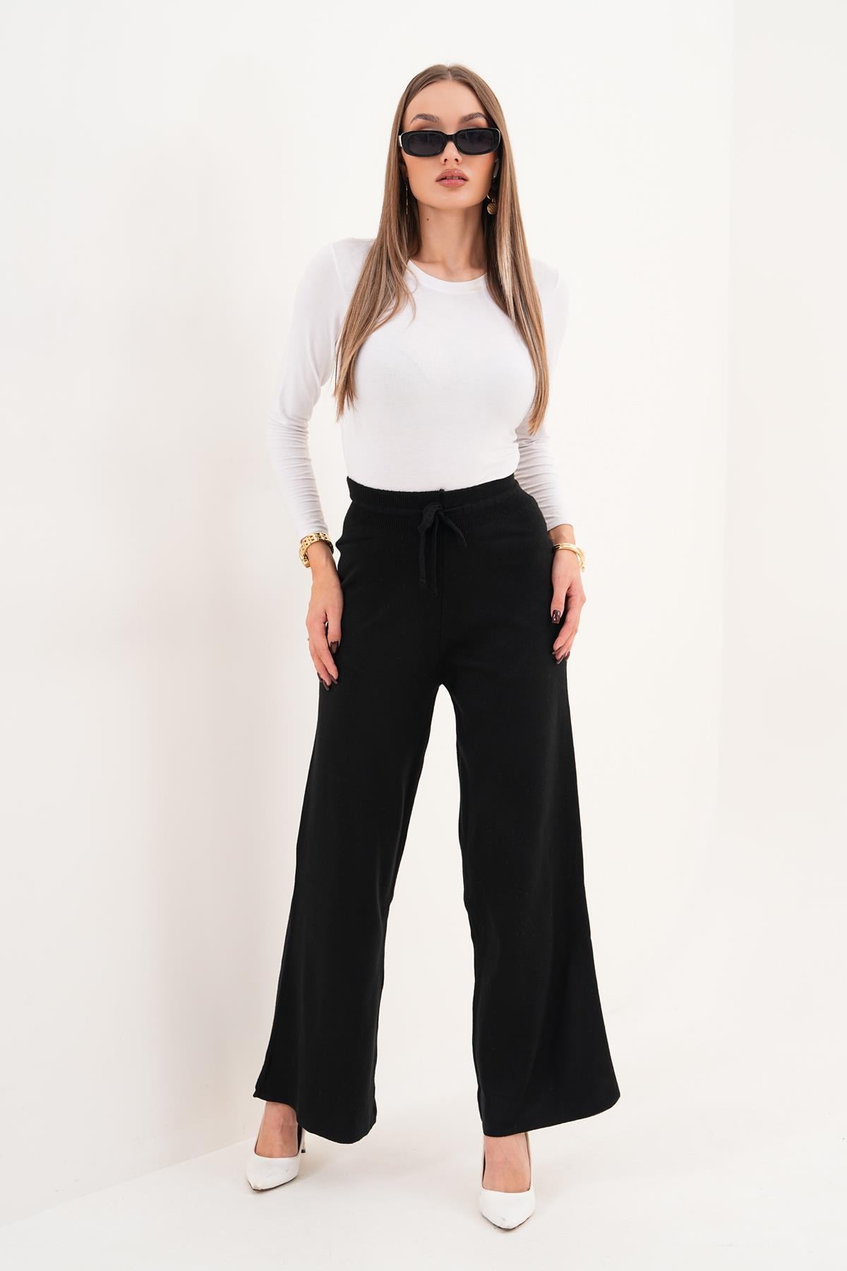 Kadın Bol Paça Triko Örme Pantolon 255166 -