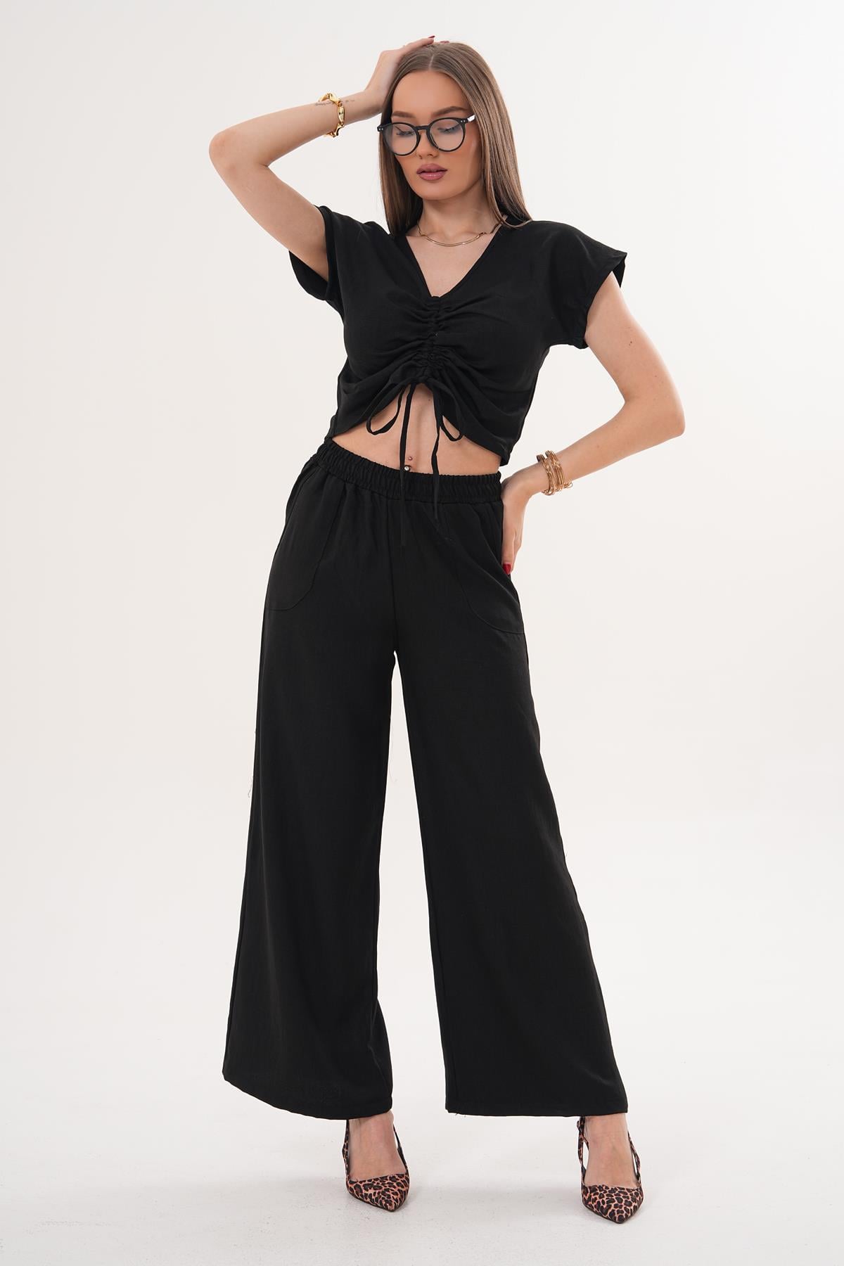 Kadın Büzgü Detaylı Bluz Pantolon Takım - 260011