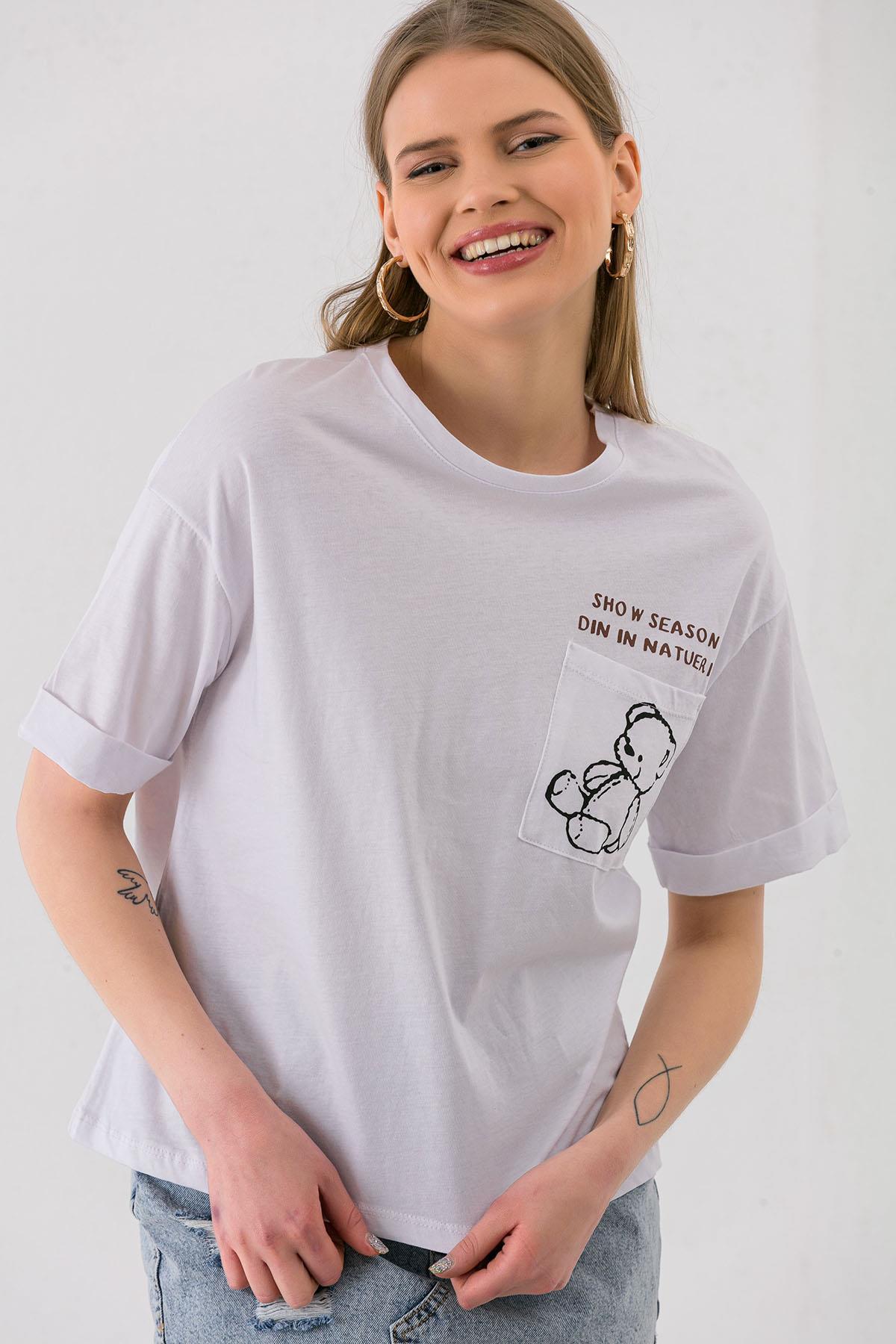 Kadın Cep Baskı Detaylı Duble Kol Oversize T-shirt