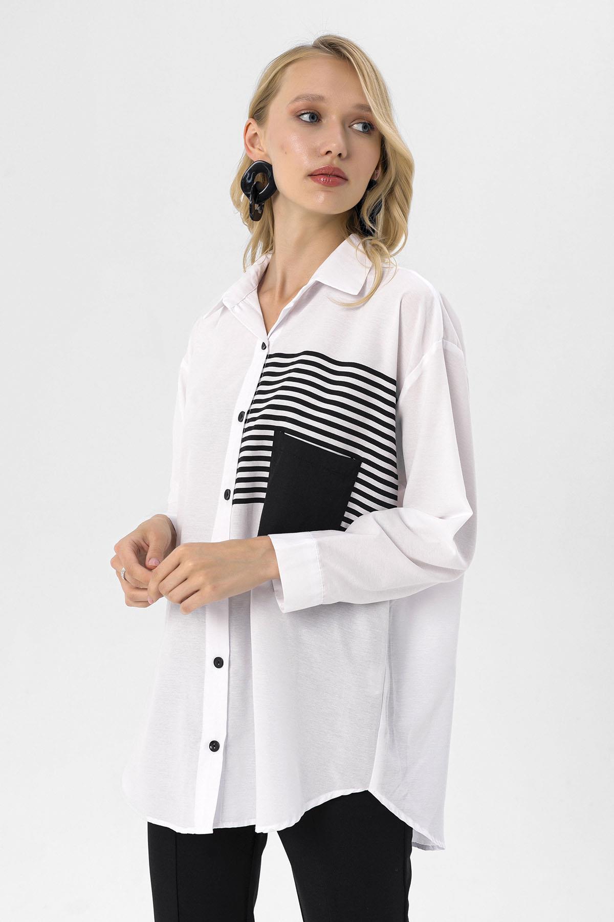 Kadın Cep Baskı Detaylı Oversize Poplin Gömlek