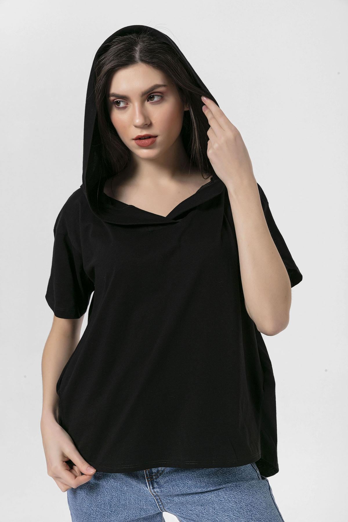 Kadın Cep Detaylı Kapüşonlu Oversize T-Shirt