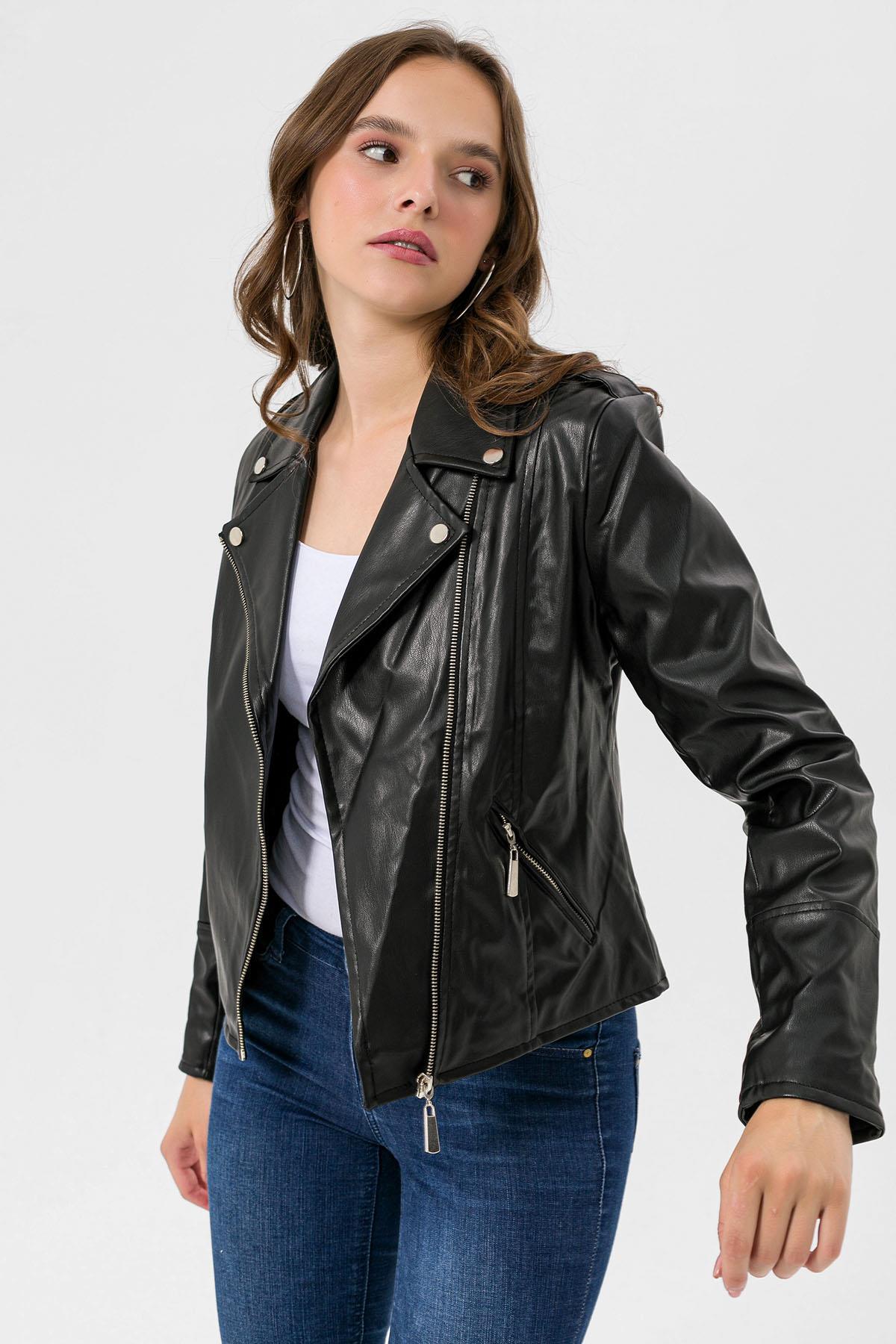 Kadın Cepli Suni Deri Biker Ceket