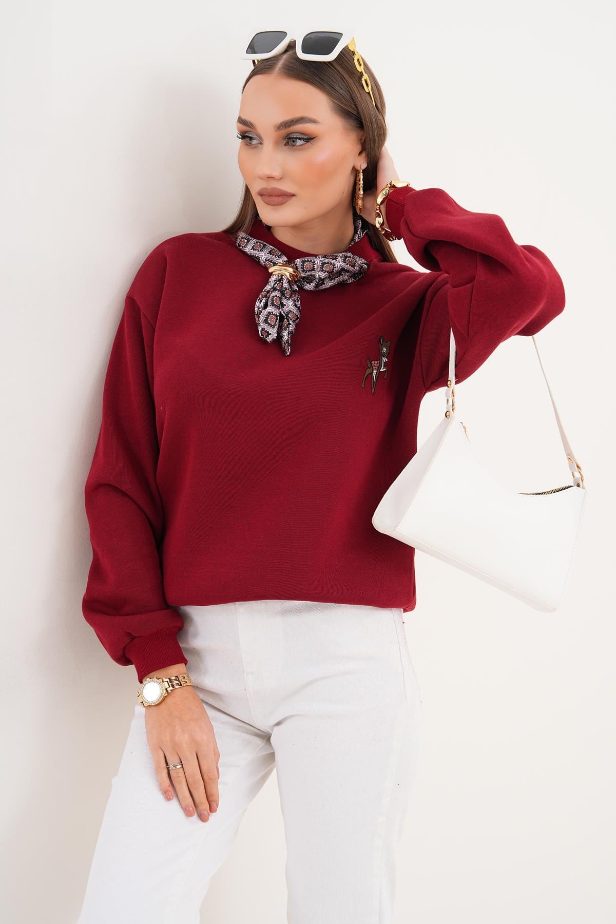Kadın Ceylan Nakışlı Fular Detaylı Üç İplik Sweatshirt 255435 -