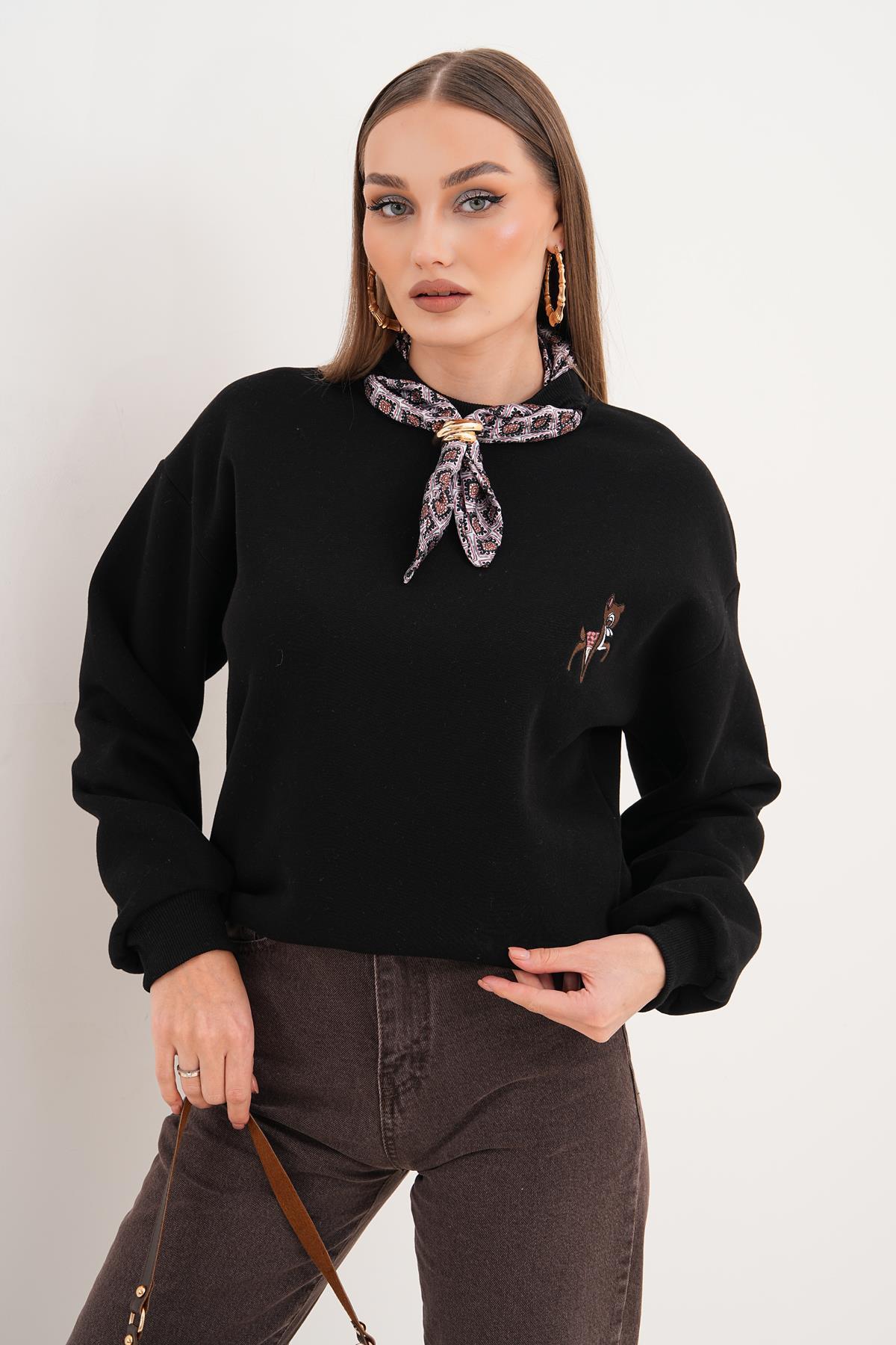 Kadın Ceylan Nakışlı Fular Detaylı Üç İplik Sweatshirt 255435 -