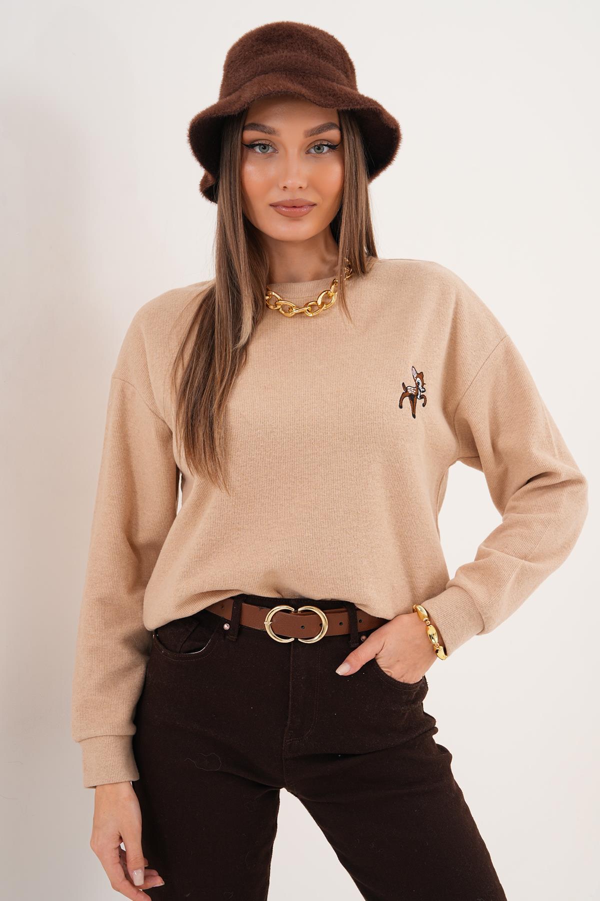 Kadın Ceylan Nakışlı Selanik Örme Sweatshirt 255432 -