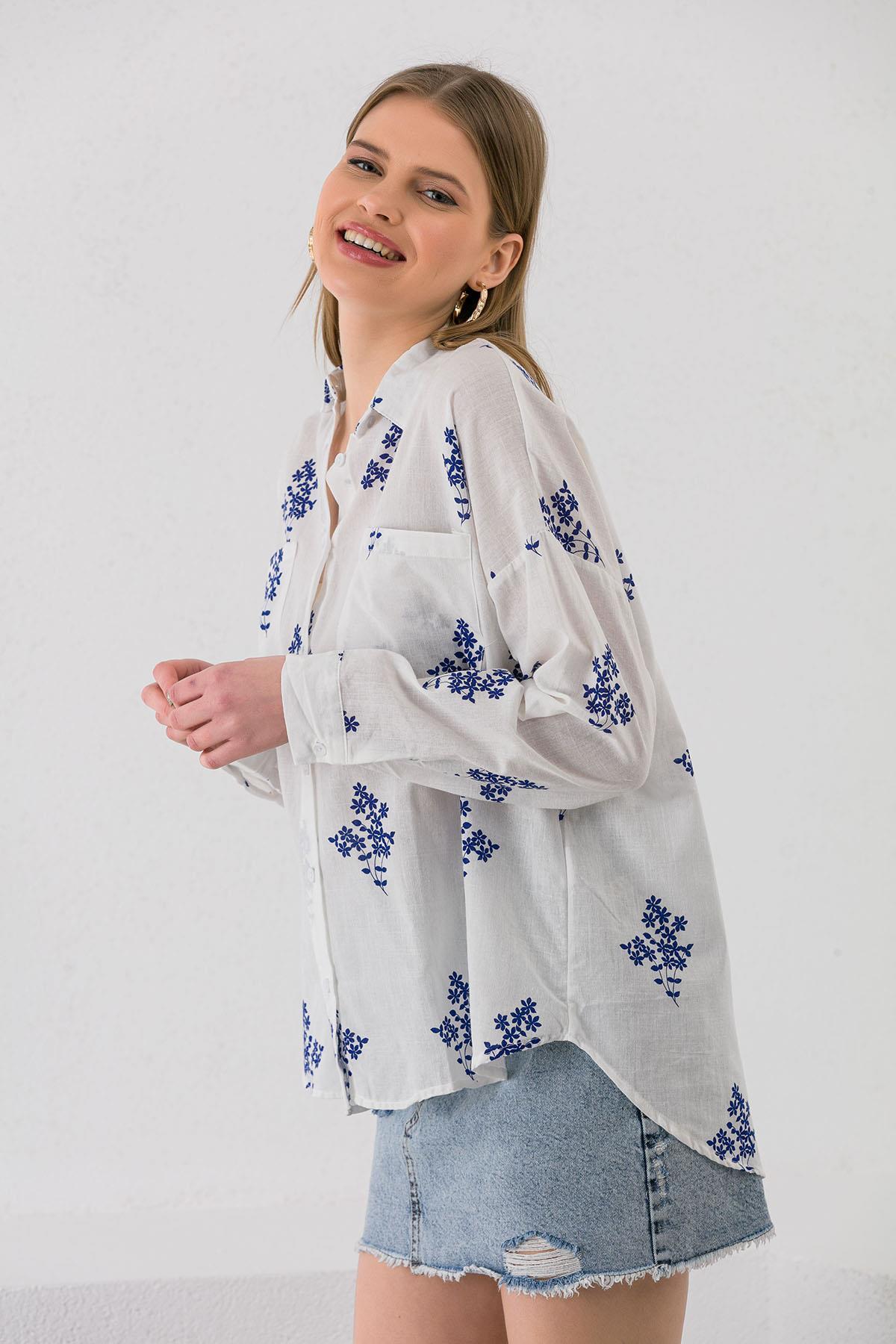 Kadın Çift Cepli Çiçek Desenli Oversize Gömlek