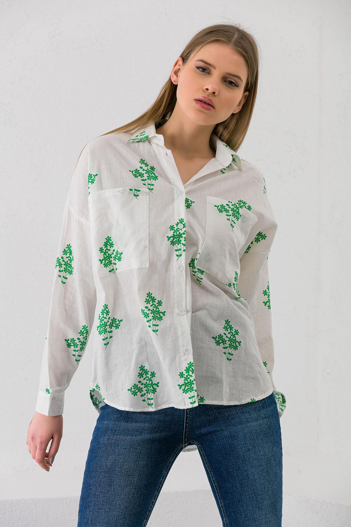 Kadın Çift Cepli Çiçek Desenli Oversize Gömlek