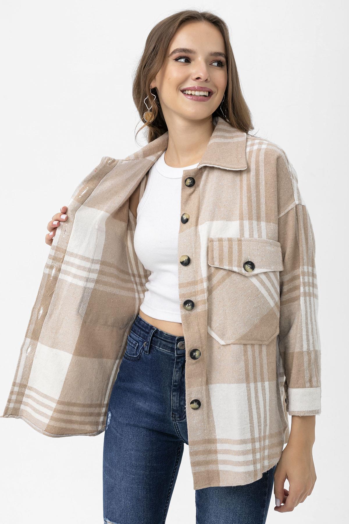 Kadın Çift Cepli Ekoseli Oversize Oduncu Gömlek